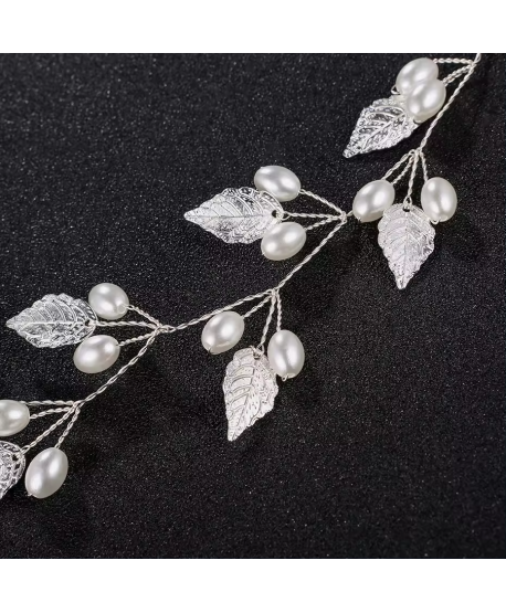 Ozdobna gałązka we włosy srebrne listki z perełkami