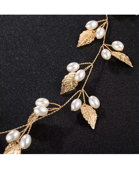 Ozdobna gałązka we włosy złote listki z perełkami