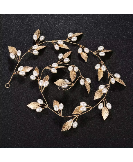 Ozdobna gałązka we włosy złote listki z perełkami