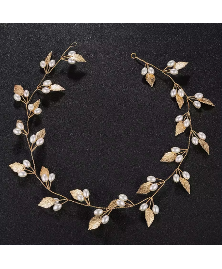 Ozdobna gałązka we włosy złote listki z perełkami