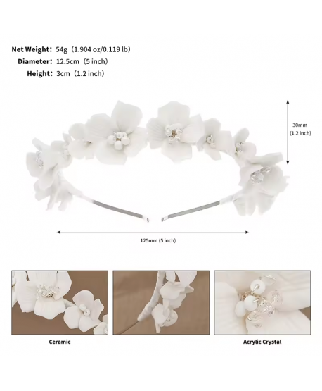 Ozdobna opaska do włosów bogata białe kwiaty ceramiczne