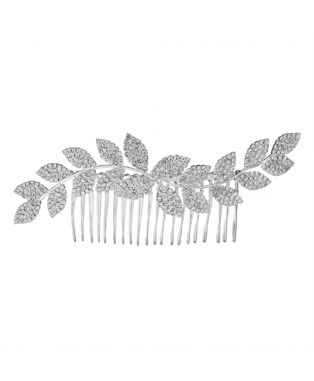 Srebrny grzebień do włosów kryształki listki