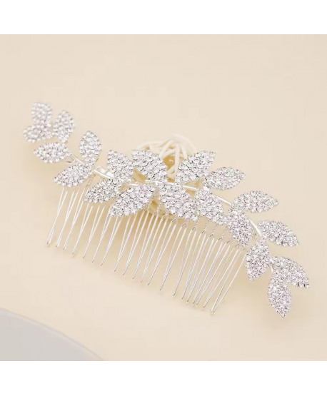 Srebrny grzebień do włosów kryształki listki