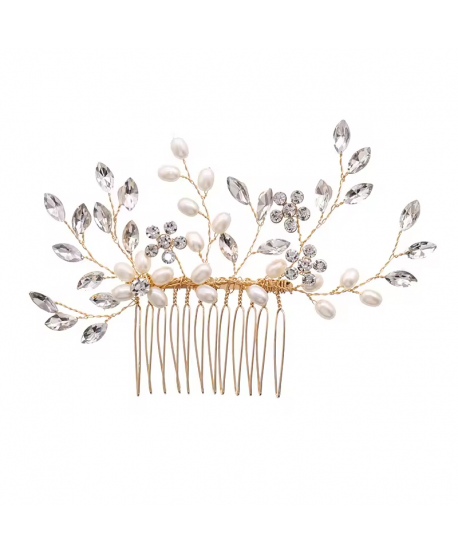 Złoty grzebyk do włosów gałązki z perełkami i kryształkami