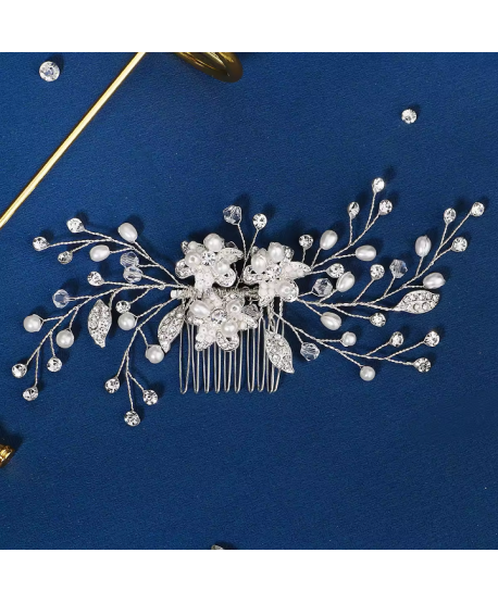 Grzebyk ozdobny do włosów srebrny z kwiatuszkami i perełkami