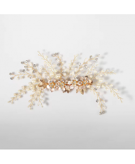 Ozdobna spinka do włosów złota bogata z perełkami