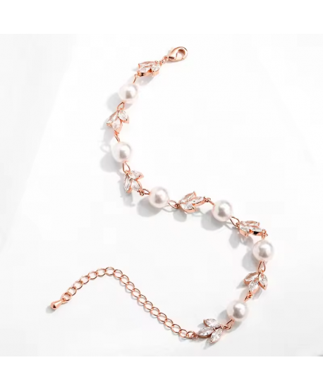 Bransoletka różowe złoto pozłacana cyrkonie z perełką