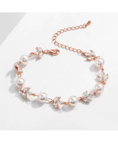 Bransoletka różowe złoto pozłacana cyrkonie z perełką