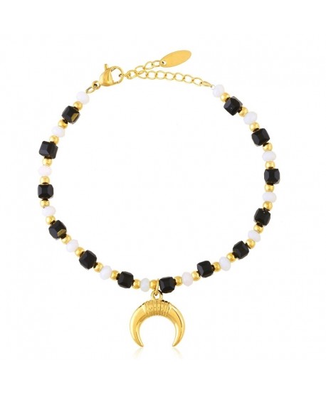 Bransoletka stal czarne i białe koraliki z księżycem