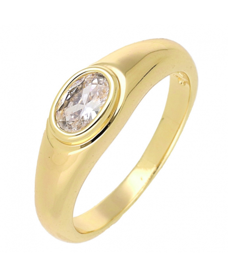 Pierścionek stal złoty zdobiony owalną cyrkonią