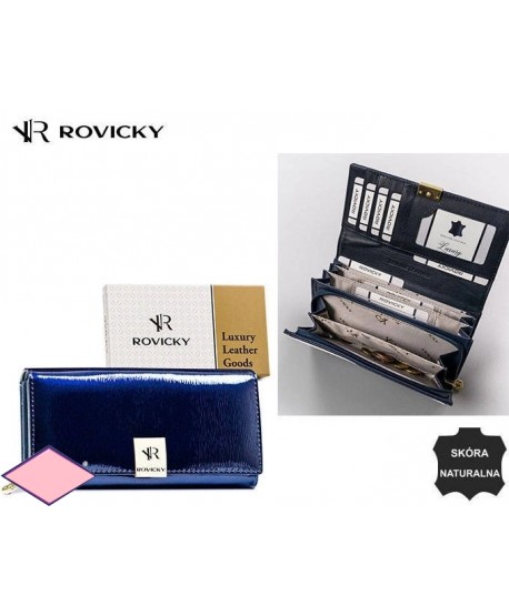 Portfel duży skórzany Rovicky granatowy lakierowany na zamek