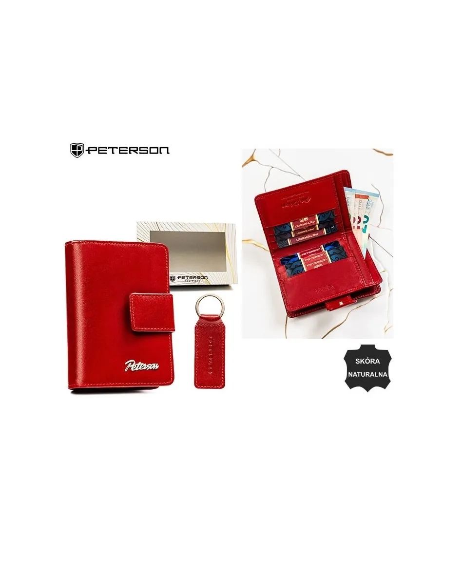 Zestaw brelok i portfel średni skórzany Peterson mat czerwony na zamek