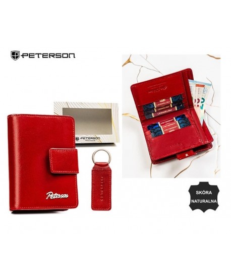 Zestaw brelok i portfel średni skórzany Peterson mat czerwony na zamek