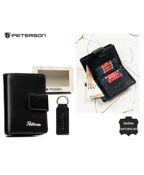 Zestaw brelok i portfel średni skórzany Peterson mat czarny na zamek