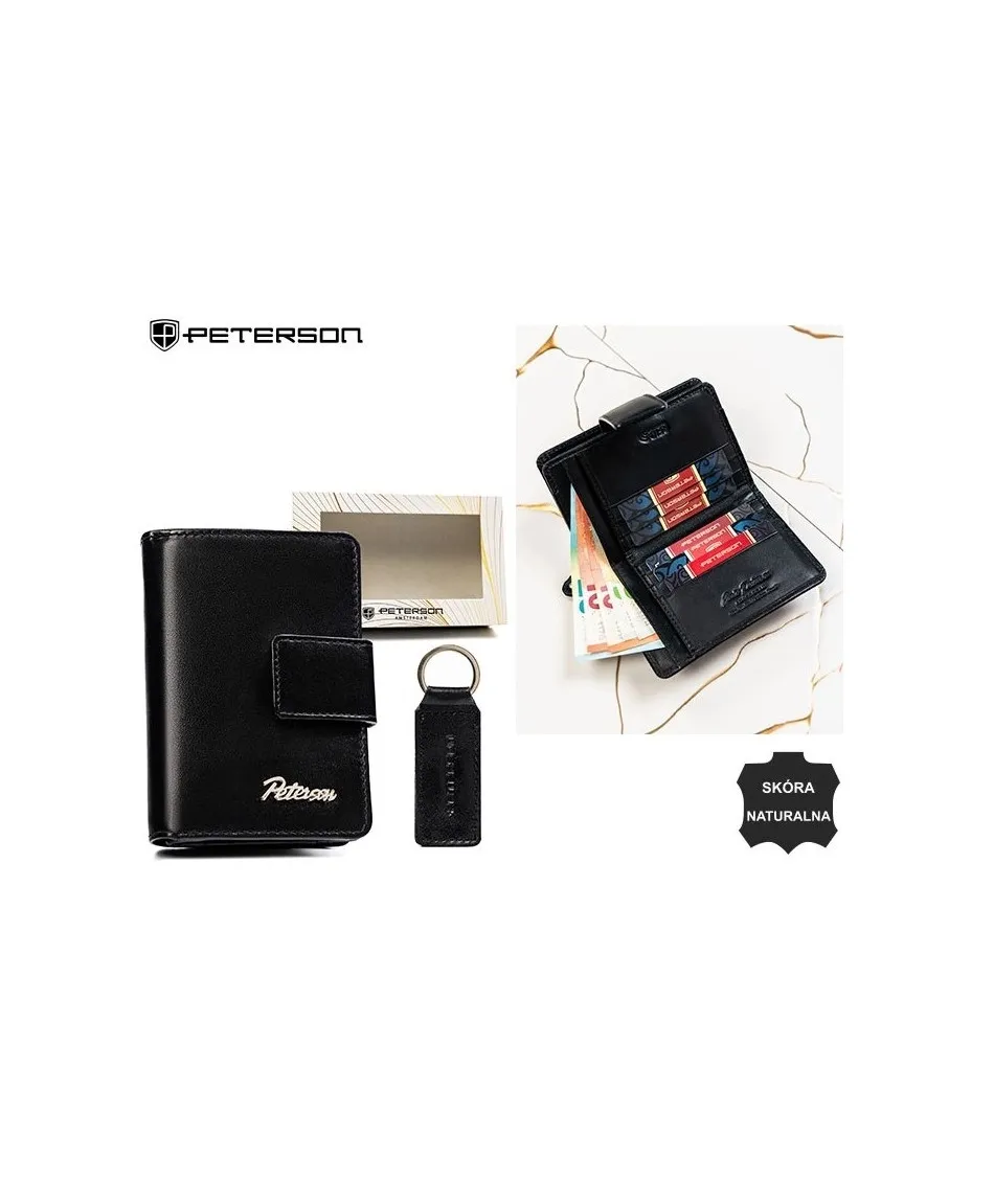 Zestaw brelok i portfel średni skórzany Peterson mat czarny na zamek
