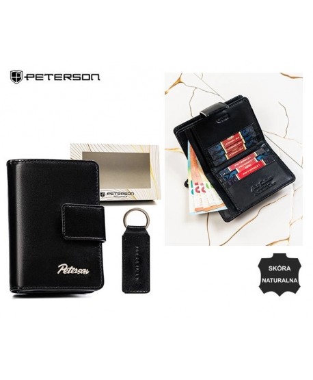 Zestaw brelok i portfel średni skórzany Peterson mat czarny na zamek