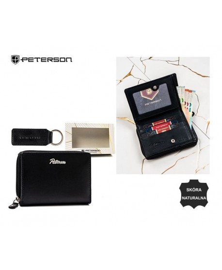 Zestaw brelok i portfel mały skórzany Peterson mat czarny na zamek