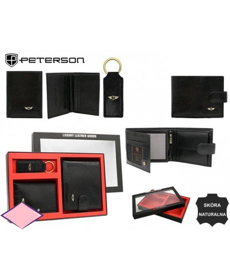 Zestaw męski etui brelok portfel skórzany poziomy Peterson czarny