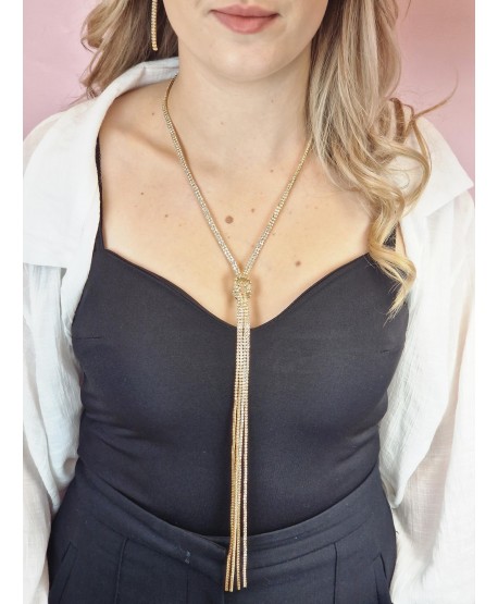 Wisior długi błyszczący złoty komplet z kolczykami