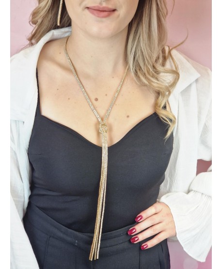 Wisior długi błyszczący złoty komplet z kolczykami