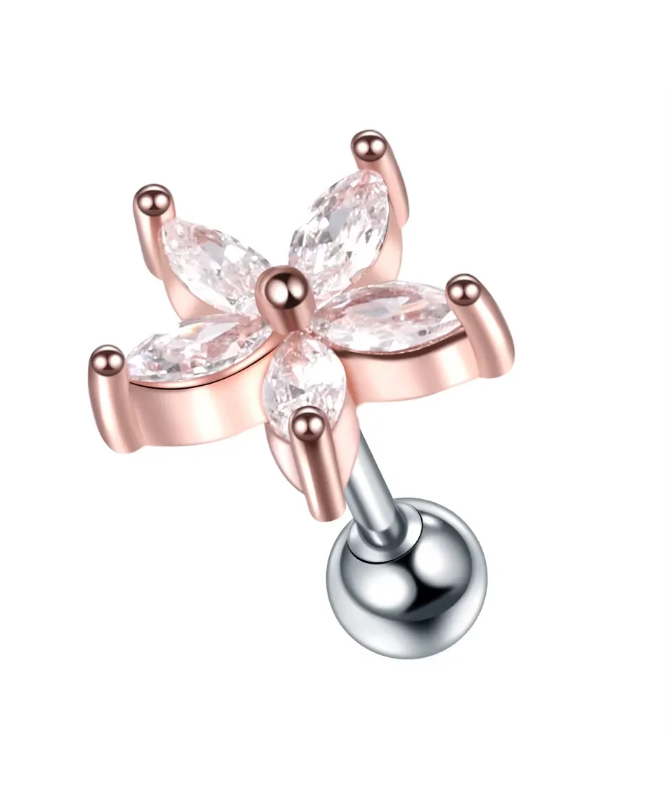 Kolczyk ozdobny labret tragus helix z kwiatuszkiem różowe złoto