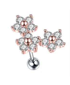 Kolczyk ozdobny labret tragus helix z kwiatuszkami różowe złoto