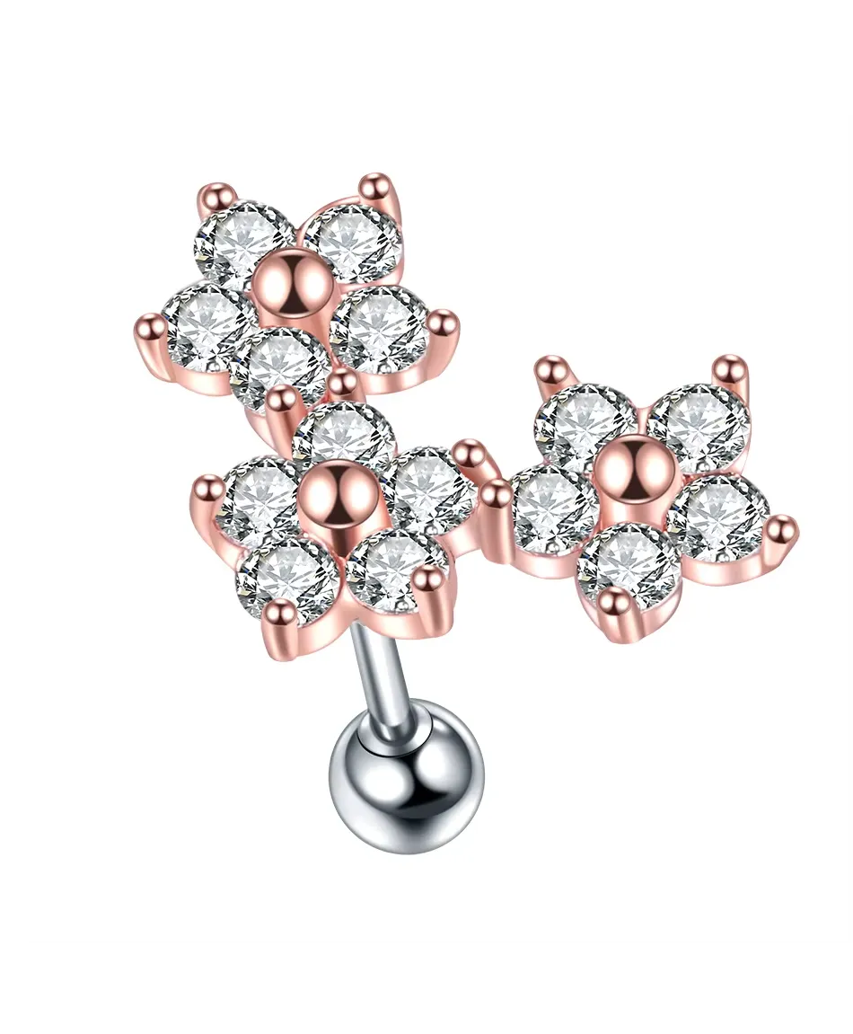 Kolczyk ozdobny labret tragus helix z kwiatuszkami różowe złoto