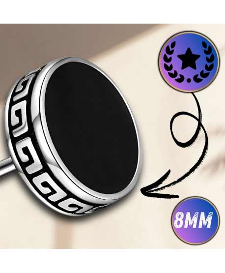 Kolczyki stal czarne kółeczka ze wzorem greckim