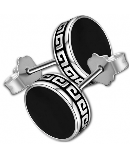 Kolczyki stal czarne kółeczka ze wzorem greckim