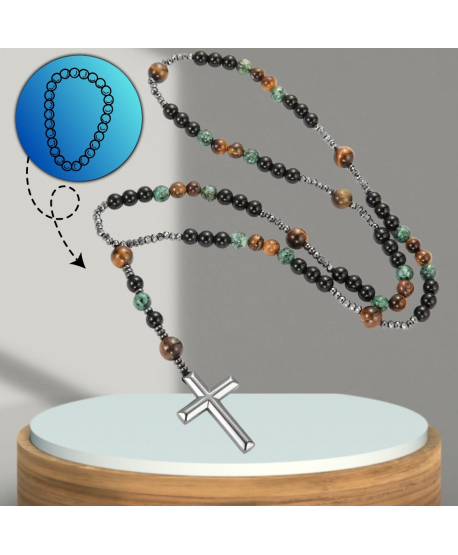 Męski naszyjnik różaniec hematyt tygrysie oko krzyż