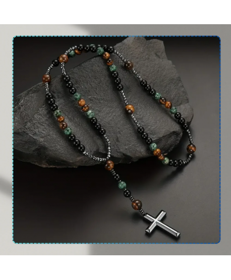 Męski naszyjnik różaniec hematyt tygrysie oko krzyż