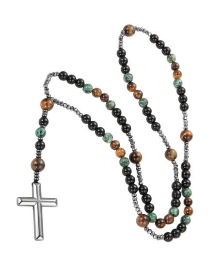 Męski naszyjnik różaniec hematyt tygrysie oko krzyż