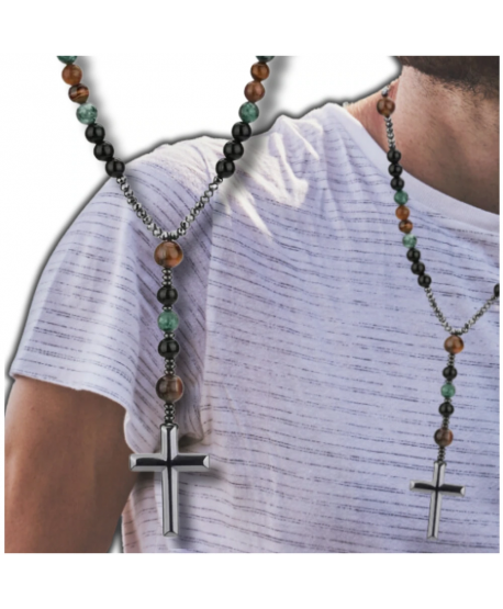 Męski naszyjnik różaniec hematyt tygrysie oko krzyż