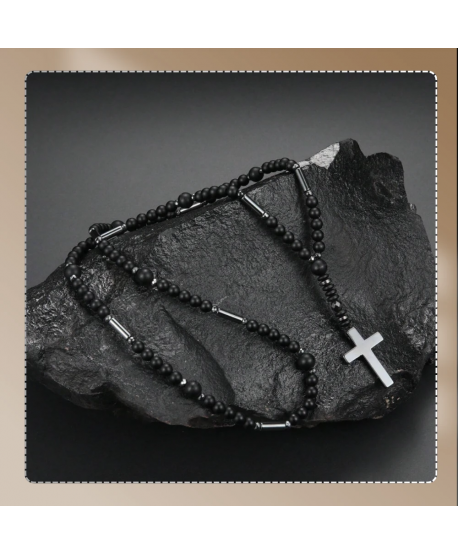 Męski naszyjnik różaniec hematyt krzyż