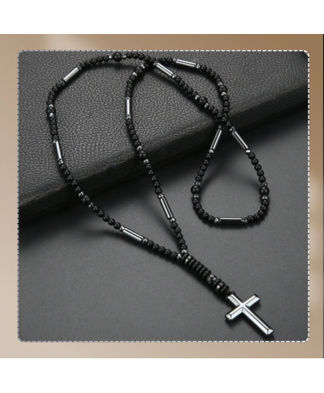 Męski naszyjnik różaniec hematyt krzyż