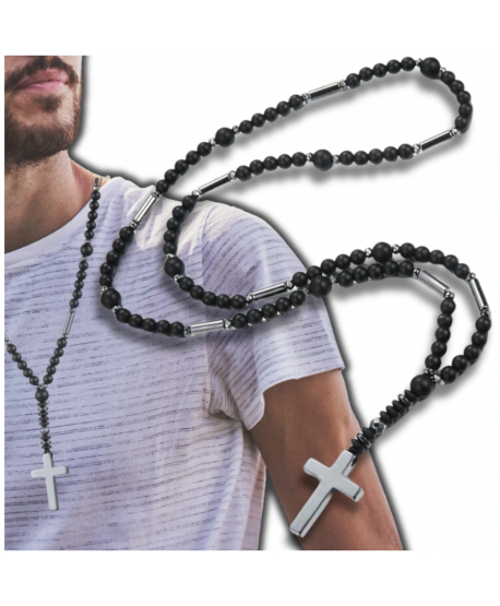 Męski naszyjnik różaniec hematyt krzyż