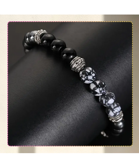 Męska bransoletka koraliki kamienie naturalne hematyt śnieżny obsydian