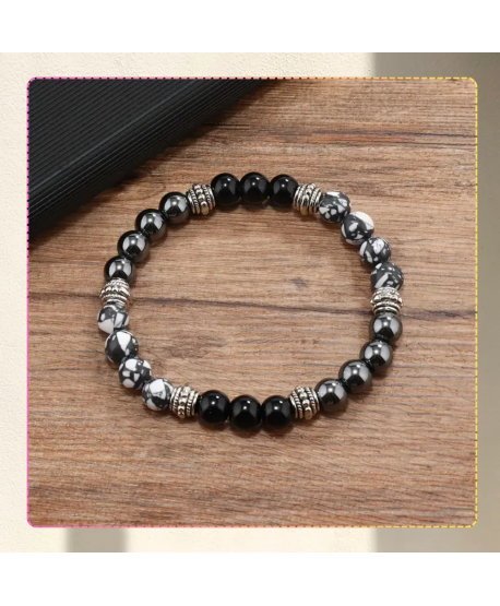 Męska bransoletka koraliki kamienie naturalne hematyt śnieżny obsydian