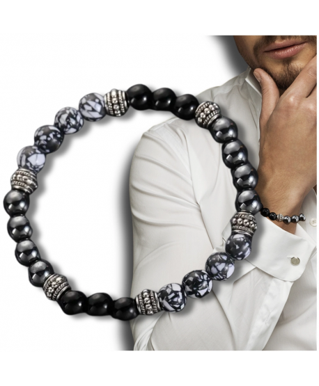 Męska bransoletka koraliki kamienie naturalne hematyt śnieżny obsydian
