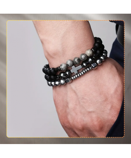 Męskie bransoletki koraliki metaliczne z krzyżem