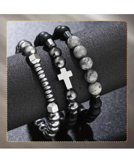 Męskie bransoletki koraliki metaliczne z krzyżem