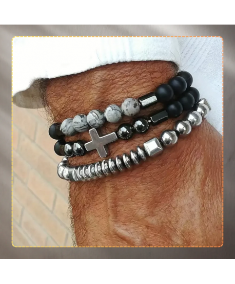 Męskie bransoletki koraliki metaliczne z krzyżem