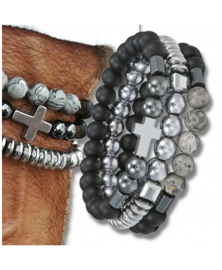 Męskie bransoletki koraliki metaliczne z krzyżem