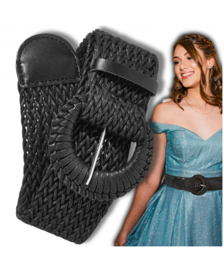 Pasek czarny słomiany elastyczny pleciony na talię