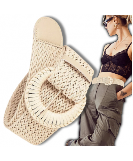 Pasek beżowy słomiany elastyczny pleciony na talię