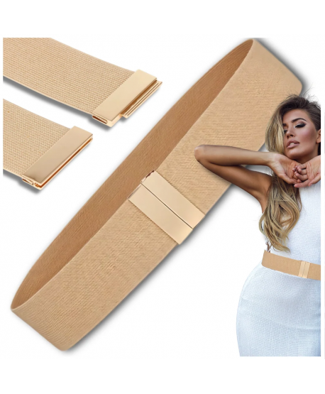 Pasek beżowy elastyczny złota klamra