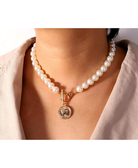 Naszyjnik choker perłowy łańcuch z monetką