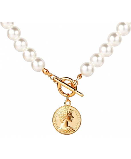 Naszyjnik choker perłowy łańcuch z monetką