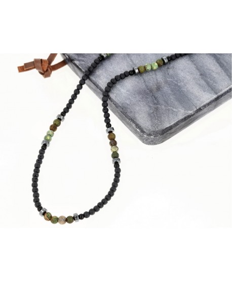 Męski naszyjnik kamienie naturalne jadeit zielony lawa wulkaniczna