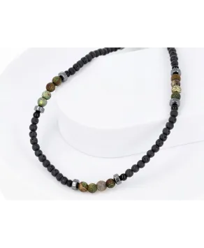 Męski naszyjnik kamienie naturalne jadeit zielony lawa wulkaniczna